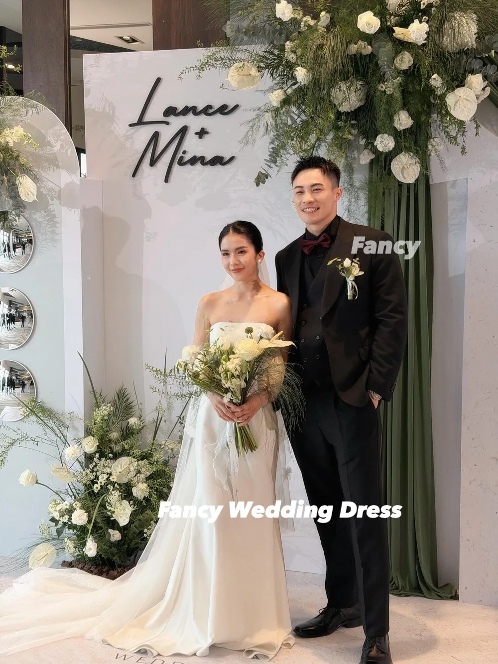 ชุดแต่งงานเกาหลีแบบเรียบหรู ไหล่เดี่ยว ทรงเมอร์เมด ผ้าซาตินยืดหยุ่น พร้อมชายกระโปรงยาว สามารถสั่งตัดได้