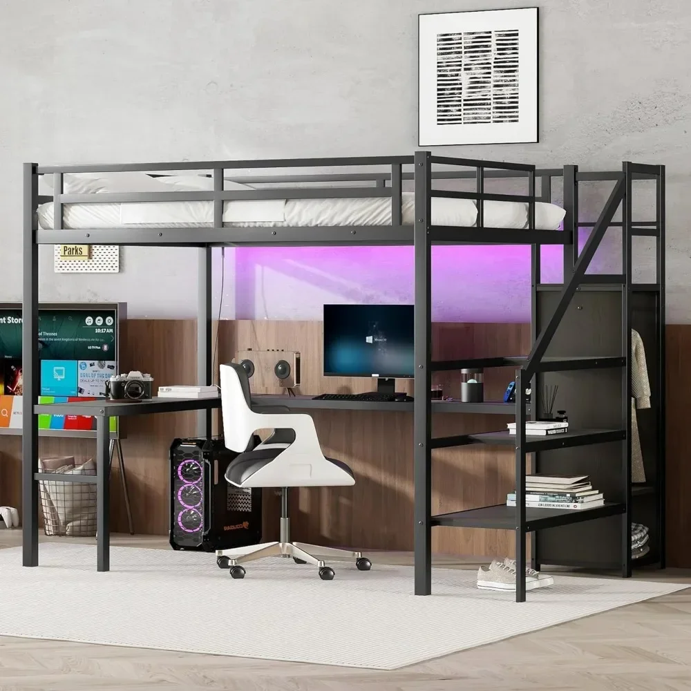 Metal Loft Bed with Desk and Wardrobe,Heavy Duty Loft Bed Frame with Storage Stairs,LED Loft Bed Full XL with Charging Station