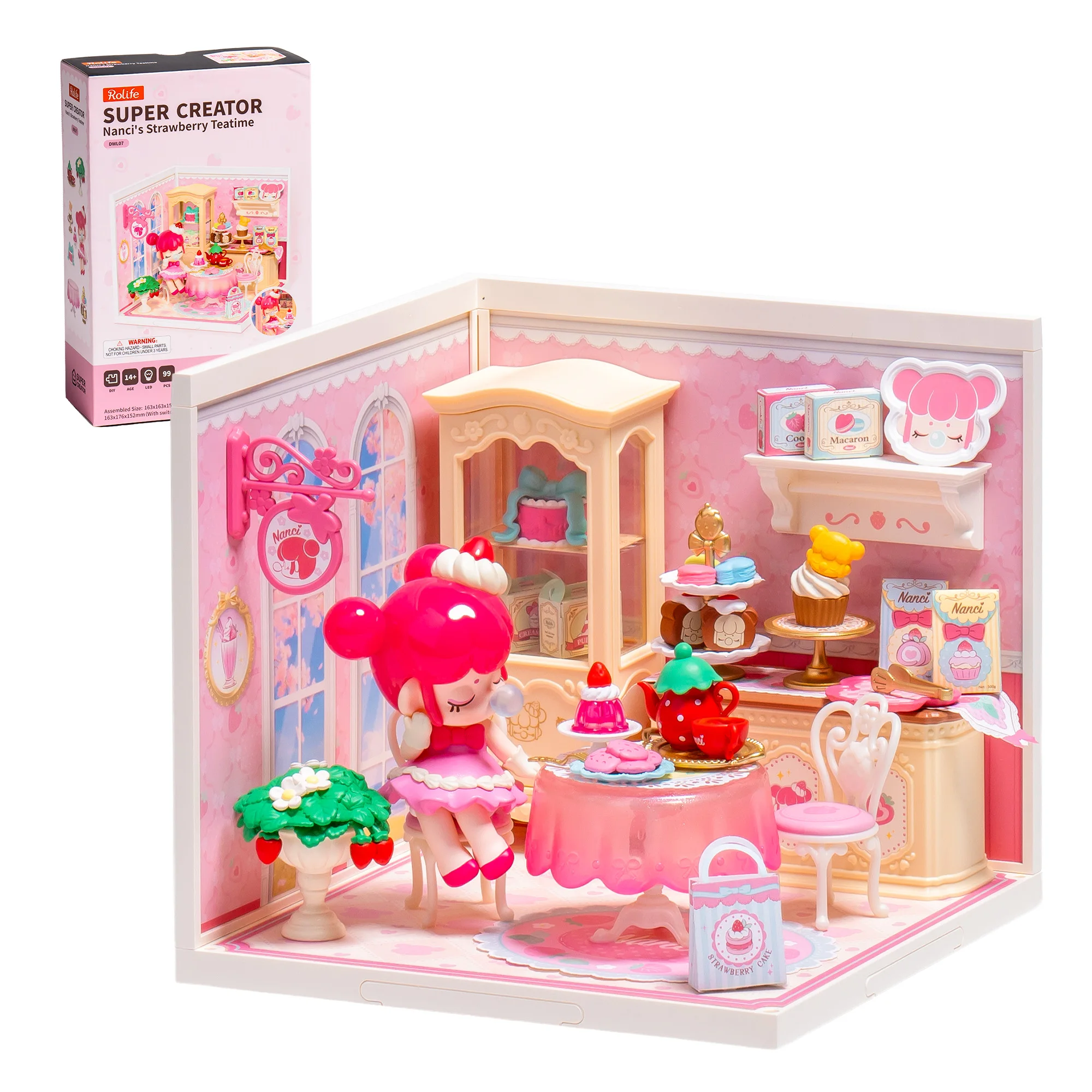Robotime Strawberry Tea Room Diorama Kit Casa in Miniatura Kawaii con Figura Nanci, Kit Stanza in Miniatura, Giocattoli Impilabili, Set di Costruzioni per Adulti