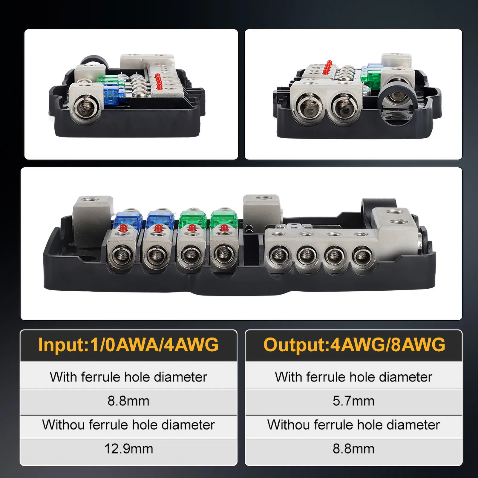 HD Fusível Bloco De Distribuição De Energia, ônibus terrestre, 30A, 60A, 80A, para Camper Car, Áudio Estéreo com LED Vermelho Indicador, 12V-24V
