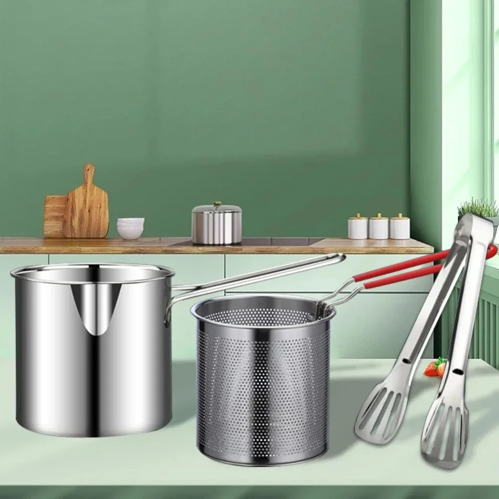 Freidora de acero inoxidable, olla de aceite pequeña, mini freidora de ahorro de energía, olla para freír con brotes con pantalla de filtro, cocina de inducción