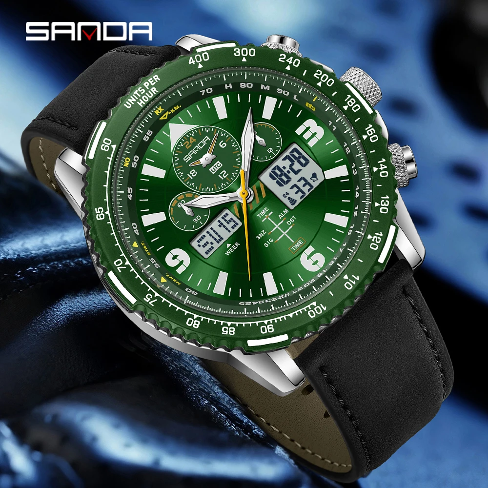 SANDA 2026 Dual Display Electronic Quartz Men's Watch 5ATM Waterproof Night Light Multifunctional Stopwatch Timer Alarm Clock