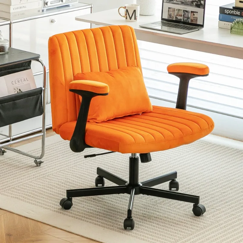 Orange Velvet Criss Cross Armrest Office Chair With Wheels Stylish For Home Office Gaming And Makeup