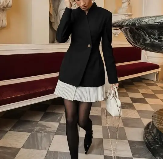 Autumn and Winter Vintage Gentle Style Contrast Color Splicing Black Waistband Long-Sleeved Women's Small Suit