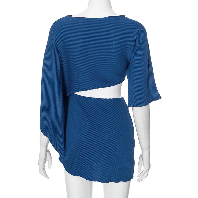 스타일리시 레이디 컷 아웃 니트 드레스 2025 여름 여성 반소매 O넥 바디콘 블루 미니 나이트 클럽 파티 드레스