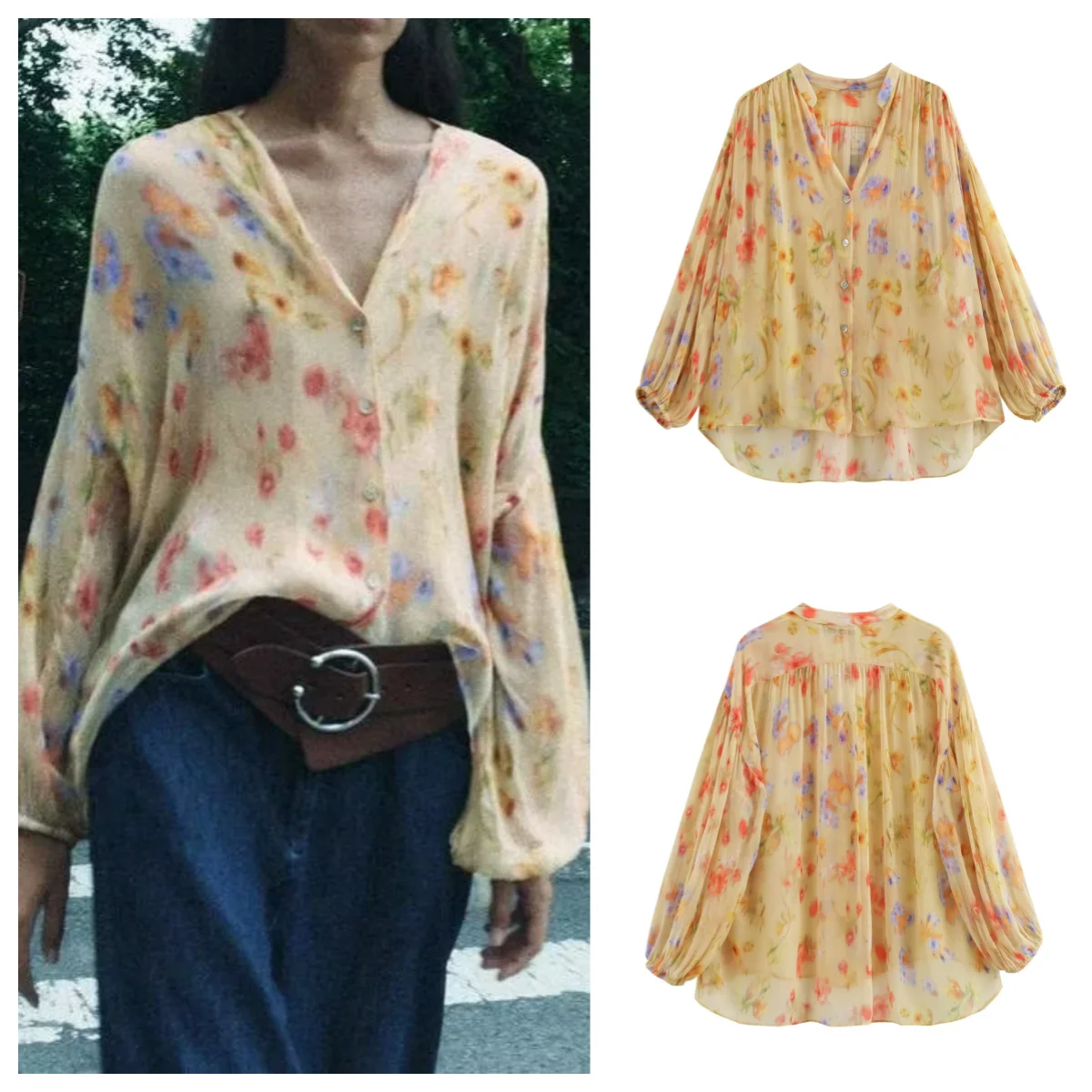 European and American style fashion printed V-neck loose casual long-sleeved shirt for women spring and autumn new versatile chi