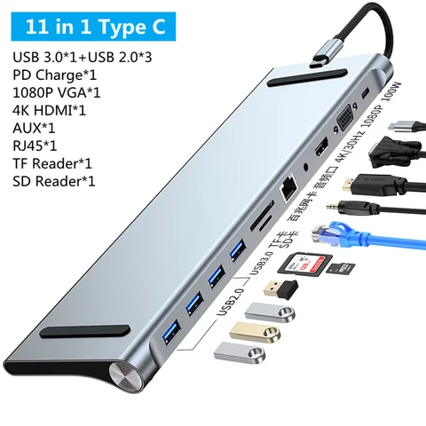 11/12-in-1 Type C Dock USB C Hub 3.0 Splitter Multiport Adapter 4K RJ45 SD/TF VGA HDMI-compatible Laptop MacBook iPad Xiaomi