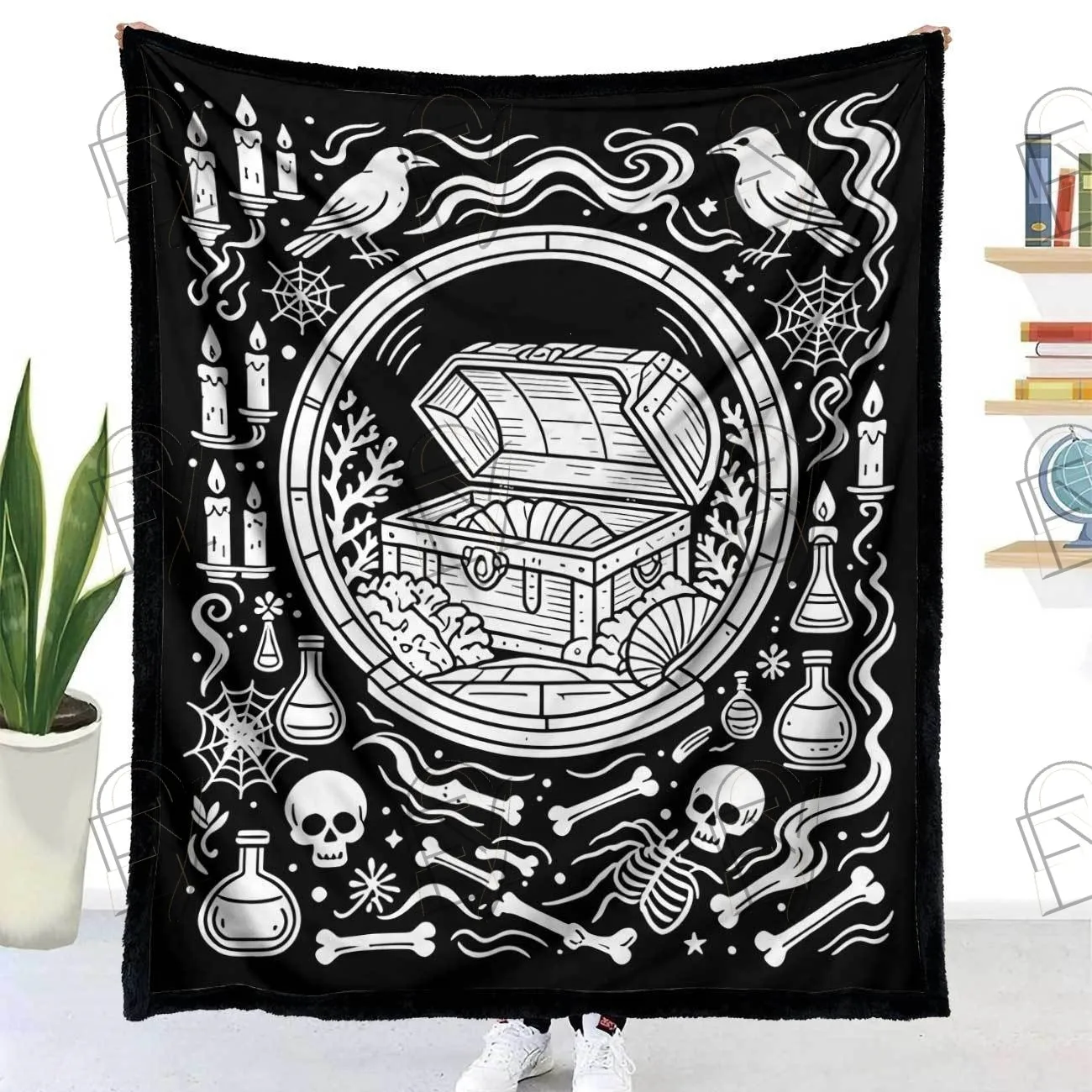 Plush Couch Blanket Pirate Sailing Ship Treasure Chest Jellyfish Sea Shell Ocean Adventure Gingham Warm Throw
