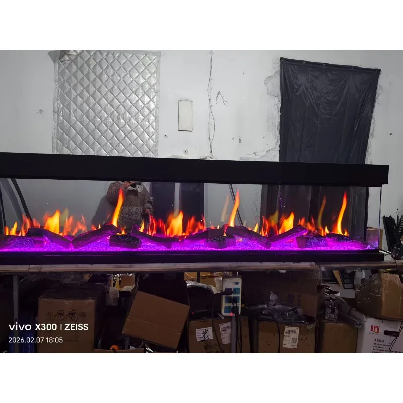 2000mm French Style Smart Remote Adjustable Flame LCD Electric Fireplace Heating Insert Freestanding Steel+Glass Eco-Friendly