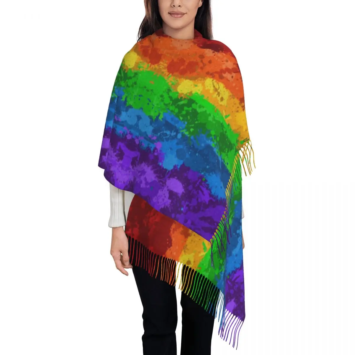 

LGBT Rainbow Paint Splatter Flag Scarf Wrap Women Long Winter Warm Tassel Shawl Unisex GLBT Gay Lesbian Pride Scarves