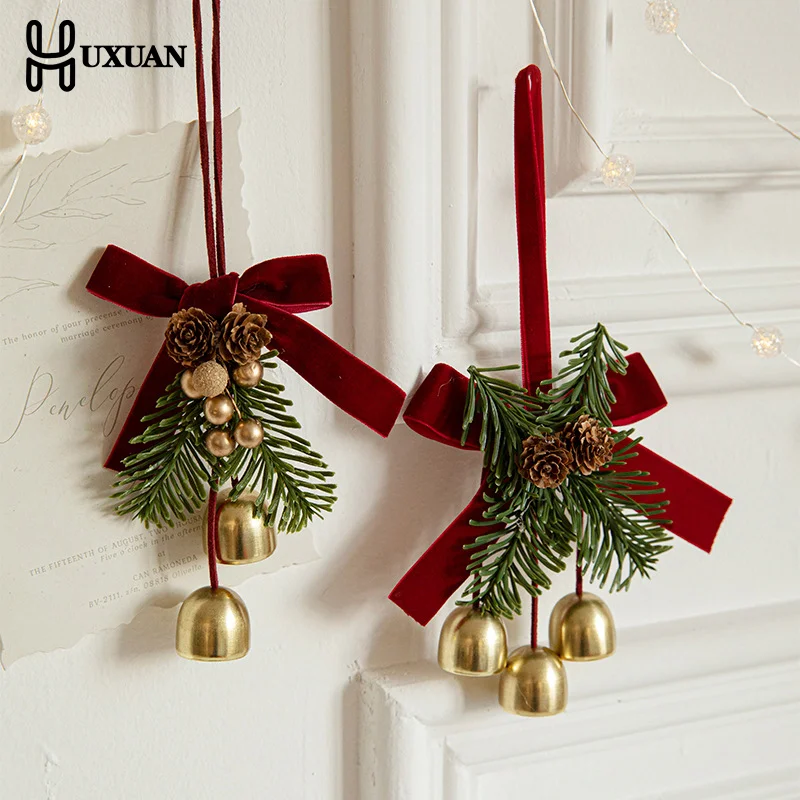 Christmas Pendant Red Velvet Bow Gold Small Bell Christmas Tree Hanging Ornament Home Door Hanging 2025 New Year Decorati