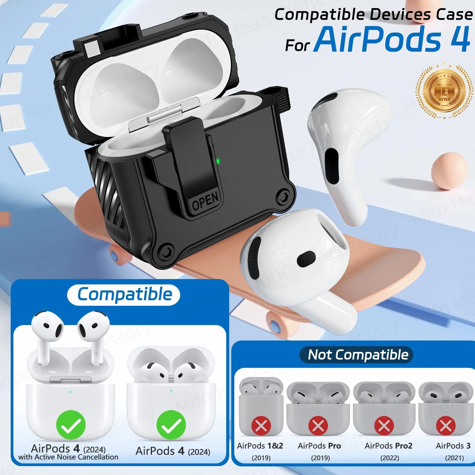 For 2024 New AirPods 4 Case Automatic Switch Secure Lock Case For Man with Cleaner Kit & Keychain For Air Pods 4（2024）PC Shell