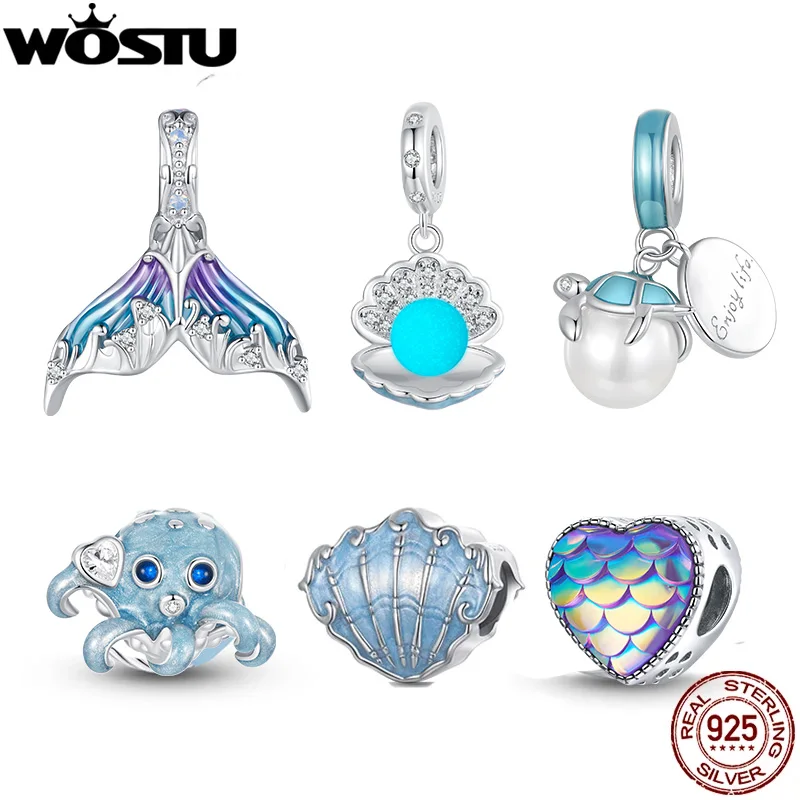 WOSTU 925 Sterling Silver Ocean Series Blue Turtle Charms Shell Pendant Crab & Seaweed Beads for Women Fit DIY Bracelet Necklace