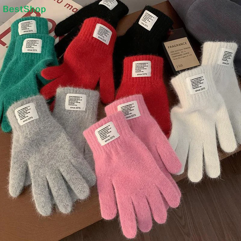 

♥ Зимние мягкие нечеткие вязаные перчатки с пальцами | Разноцветные теплые зимние перчатки с этикеткой (разные однотонные)