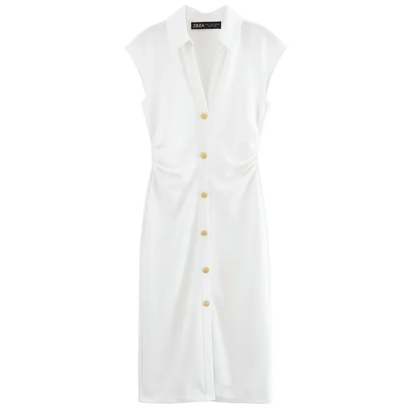 2025 ฤดูใบไม้ผลิฤดูร้อนใหม่ Midi Ruffled ชุดผู้หญิงชุดปุ่ม Slim ยาว Vestido Chic Elegant Casual หญิงชุด