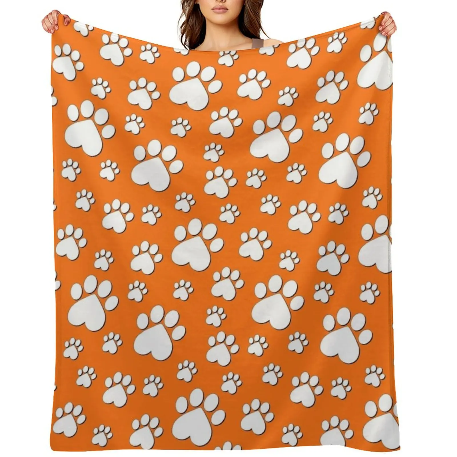 

Halloween White on Orange Paw Pattern - Heart Paws with Outline Throw Blanket Sofa Throw Weighted funny gift Nap Blankets