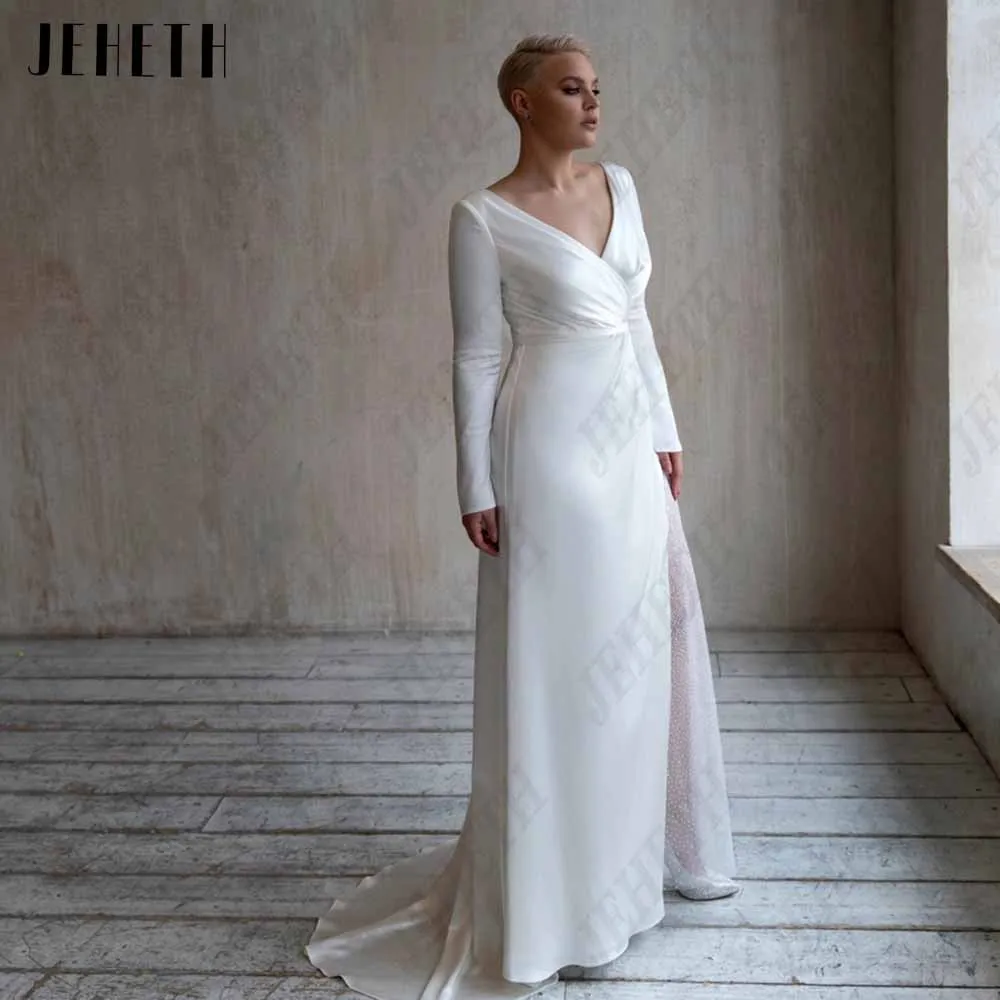 

JEHETH Formal V-Neck Wedding Dresses Long Sleeves Zipper Back Bride Gowns Side Split Mermaid Soft Satin vestidos de novia