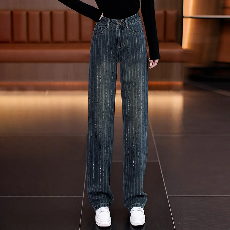

Autumn Light Luxury Vertical Stripe Rhinestone Fashion Simple Versatile Wide-Leg Niche Design Straight-Leg Jeans