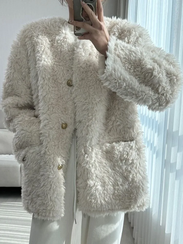 

Ele Warmth Women's round Ne Single Button Furry Coat Versatile Sli Winter Outerwear Korean Sle Waist-Cinching