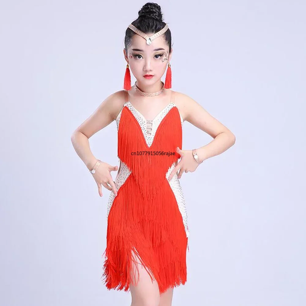 Kinder Pailletten Latin Tanz kostüme Ballsaal Salsa Latin Kleid Kinder Quasten Performance Stage Outfits Tanz kleider für Mädchen