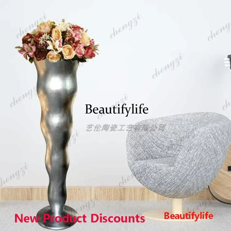 03 wavy long neck round bottom floor large vase fiberglass flower ware hotel shopping mall decoration