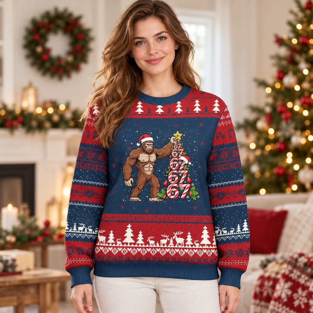 2027 Bigfoot Reindeer Snowman and Raven Sweaters with Six Seven Art An Ugly Christmas Sweater for Funny Holiday Winter Outfits