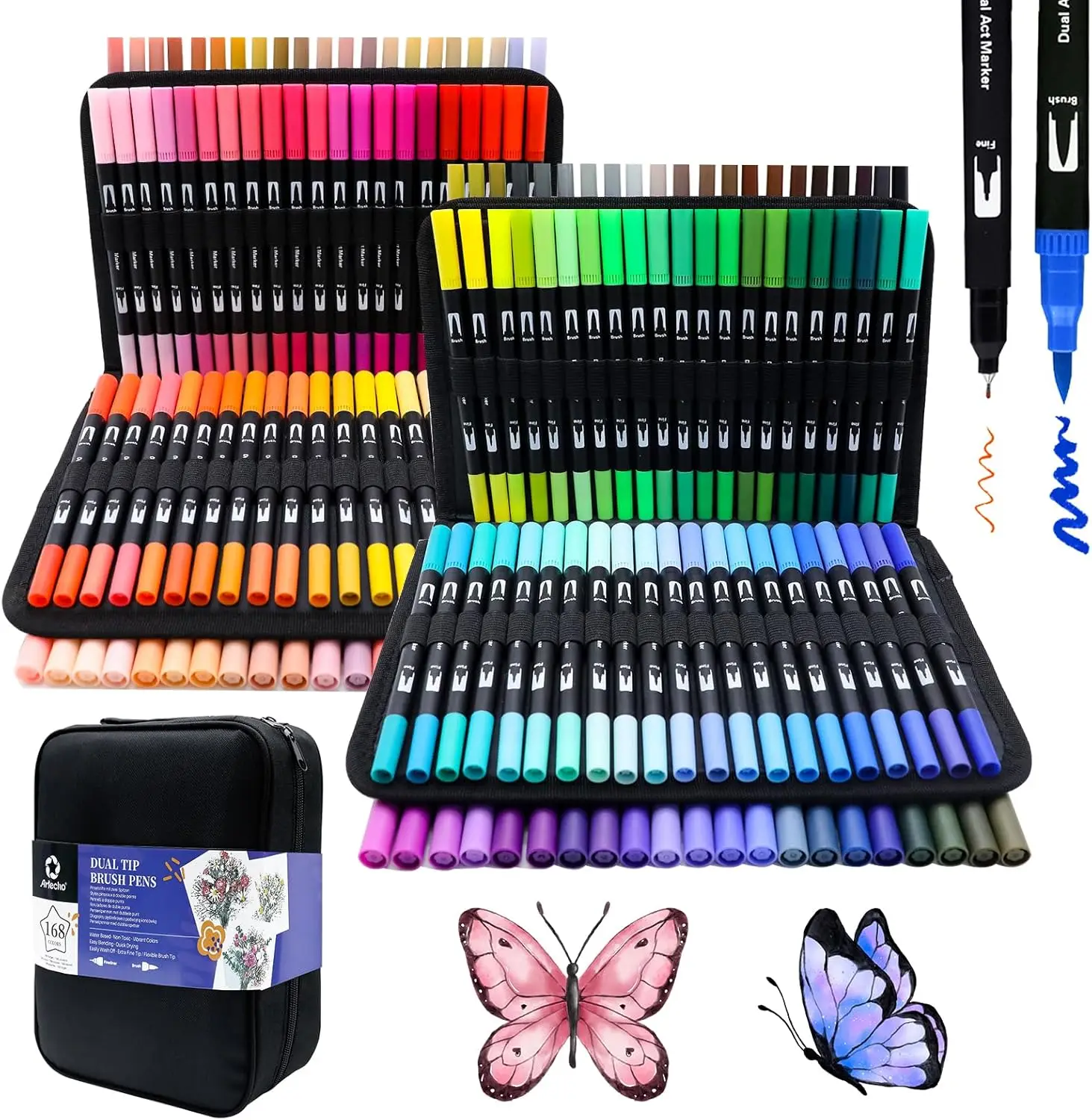 

168 Dual Tip Markers for Adult Coloring Books, Fine & Brush Tips for Drawing, Calligraphy, Sketching