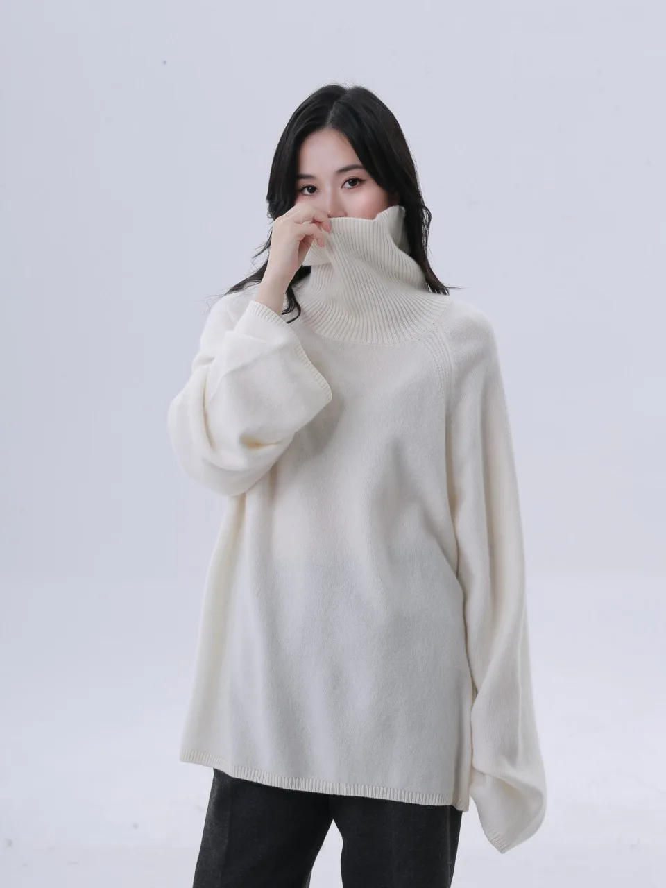 

Свободный вязаный свитер с высоким воротником из 100% шерсти, повседневный универсальный трикотаж, удобный зимний женский модный топ