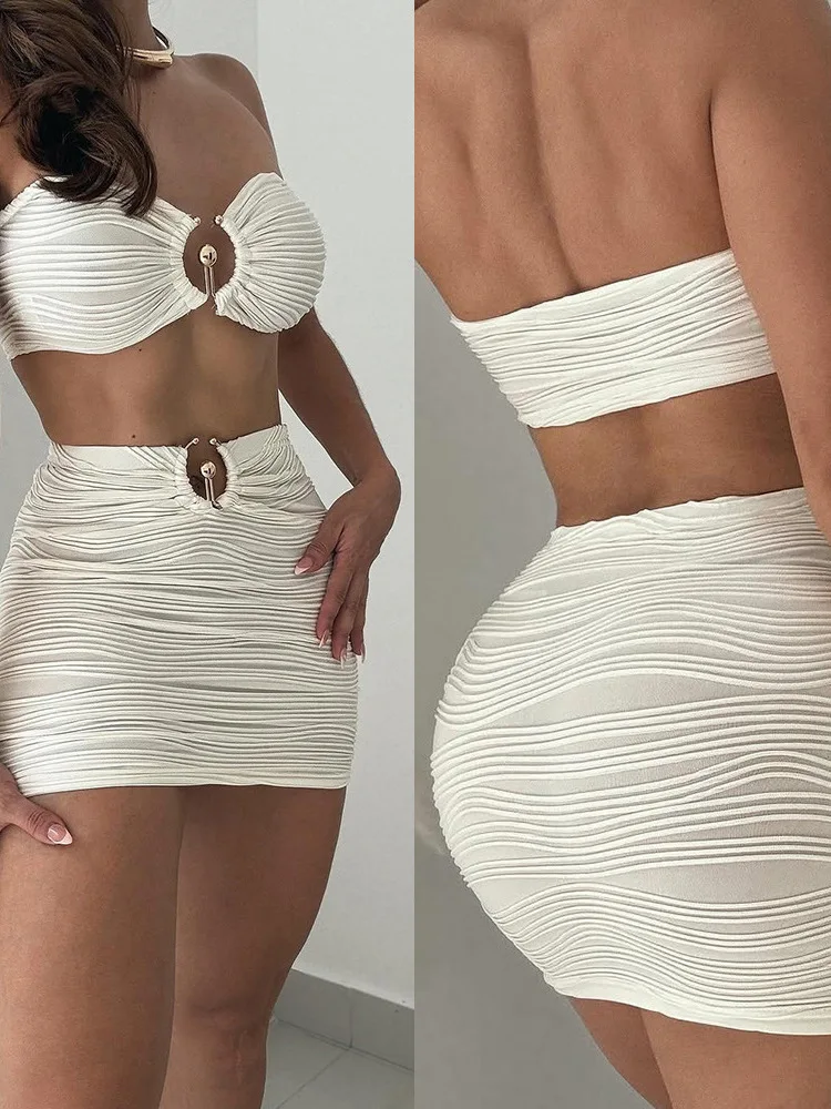 

Полосатый комплект с юбкой на груди и пупке, женские повседневные брюки, осень 2025, сезон, материал из искусственной кожи, без бренда