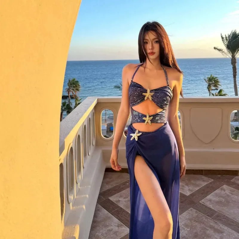 Women's Sapphire Blue Halter Cutout One Piece Swimsuit With Split Maxi Cover Up Skirt Summer Island Vacation Swimwear