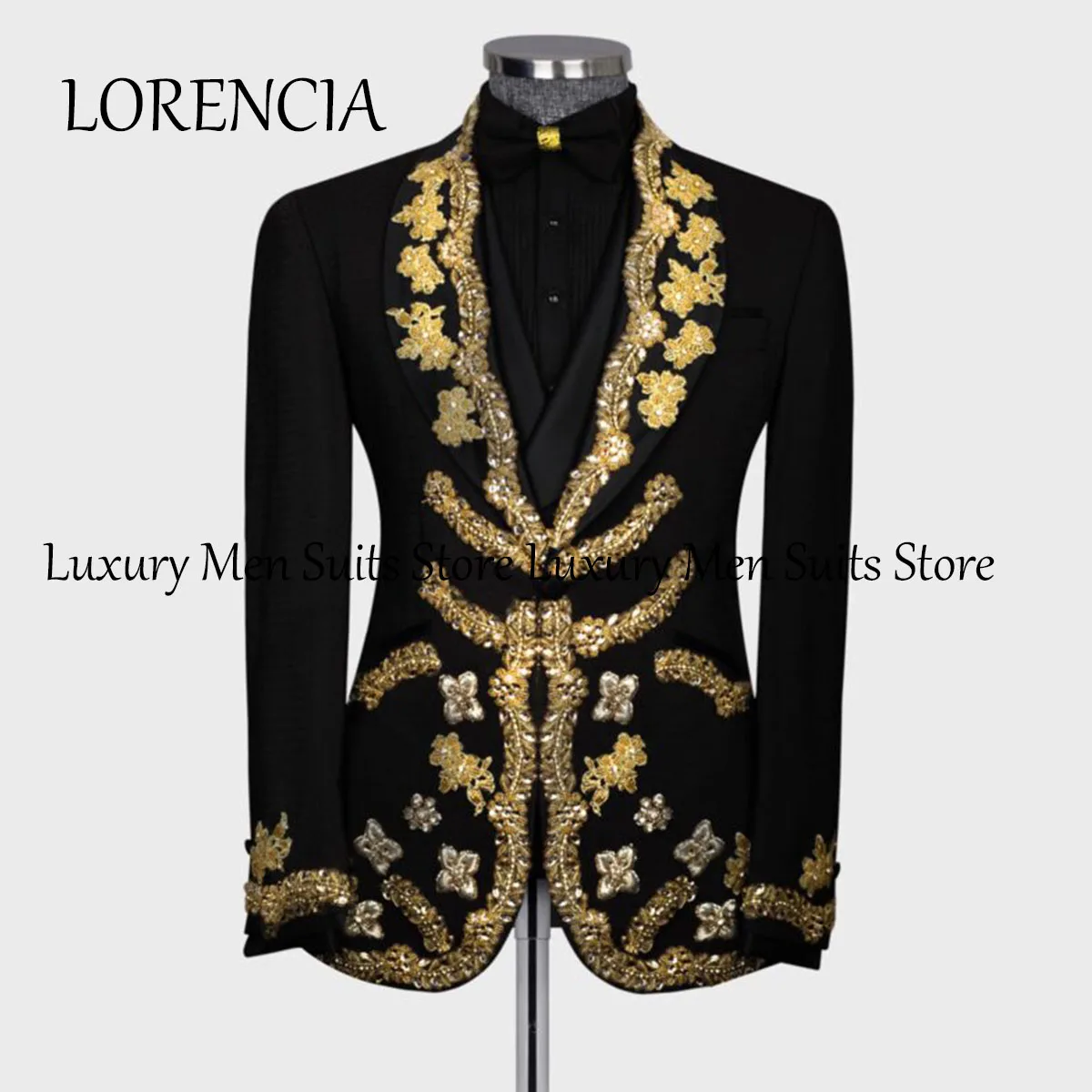 Sparkly Beaded Gold Appliques Men Suits Groom Wedding Tuxedos 3 Pieces Sets Male Prom Blazers Pants Outfit Terno Masculino