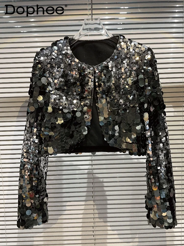 

Heavy Industry Large Sequin Short Coat 2024 Autumn New Ladys Diamond Buckle Shoulder Pad Gradient Color Silver Black Jacket