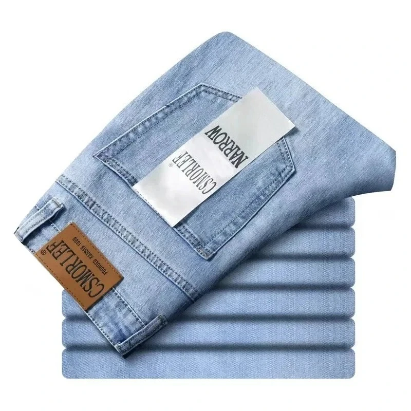 Calças Jeans Finas Primavera Verão 2026 Estilo Clássico Moda Stretch Ajuste Regular Denim Masculino Marca Lavado Azul Claro