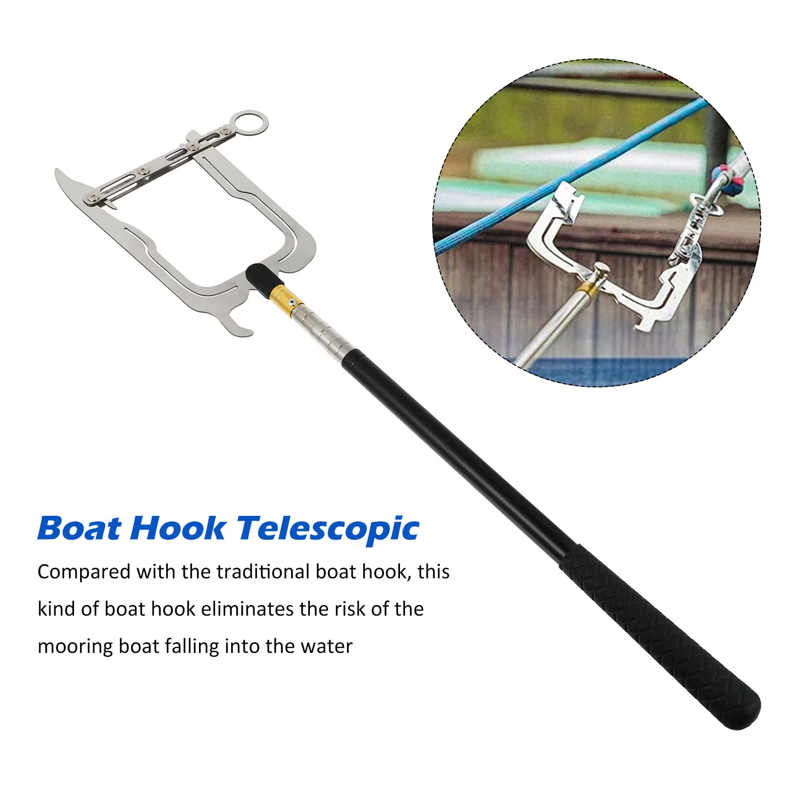1Set Heavy Duty Telescoping Boat Hook Stainless Steel Compact Hook Tie Rope Threader for Dock Boat Equipment