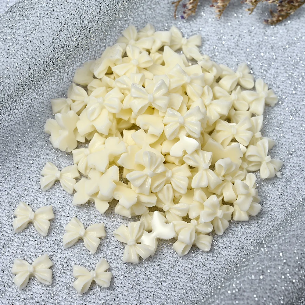 100Pcs Pink White Ribbon Bow Nail Charms 3D Resin Cream Color Bowknot Rhinestone Kawaii Korean Nail Supplies Manicure Design
