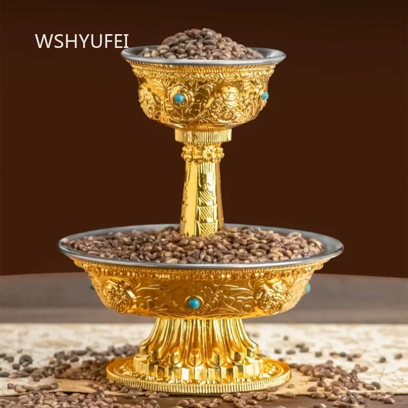 Golden Serkyem Set with Inlays Tibetan Buddhist Altar Offering Cup with Stainless Steel Interior and Eight Auspicious Symbols