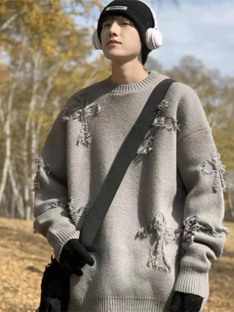 

Men's Knitted Sweater 2025 New Sle American Hole Design round Ne Loose Fit Autumn Winter Casual Comfortable Polyester Fiber