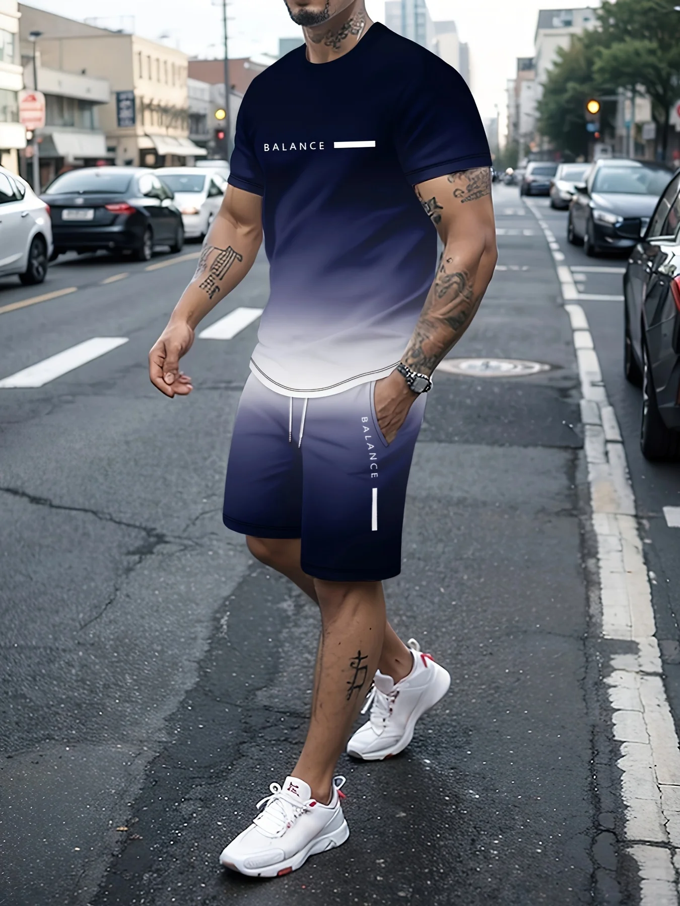 The Latest 3D Gradient T-shirt and Shorts Set Men's Short Sleeved O-neck Top Casual and Fashionable Skateboarding Sportswear Set