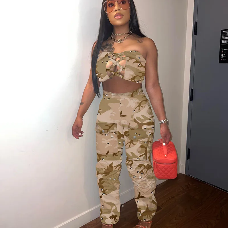 Camouflage Printing Baddie Two Piece Set for Women Matching Sets Lace-up Bandage Hollow Out Strapless Crop Top and Pants Suit