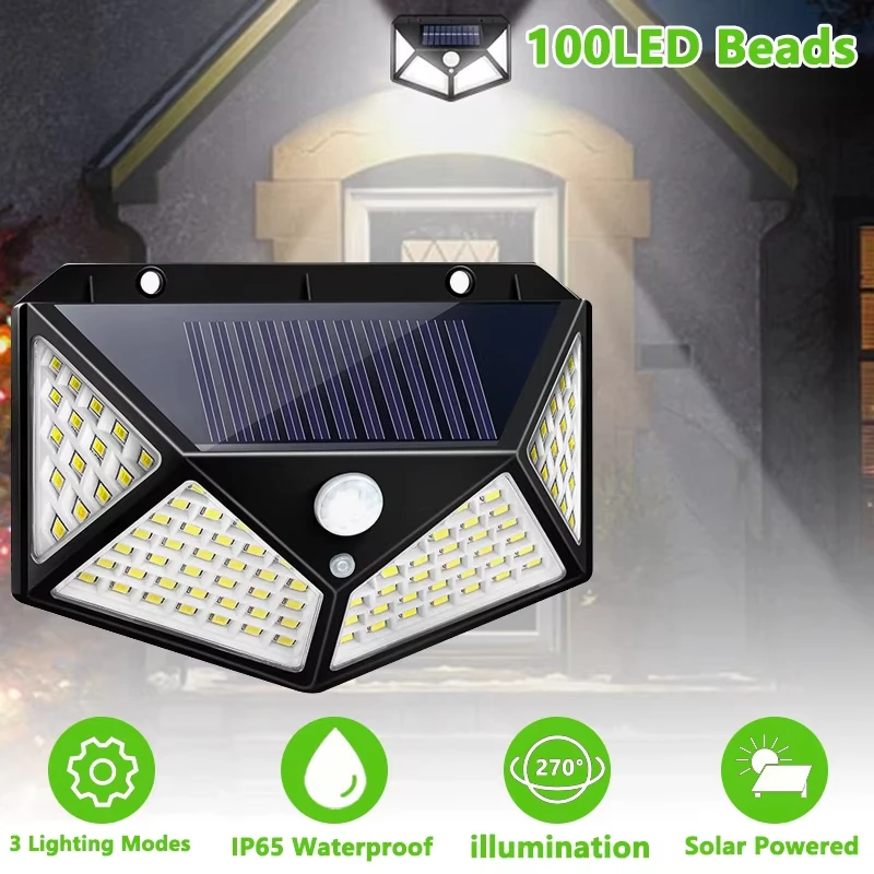 

100 LED Outdoor Solar Wall Light Sunlight Powered Spotlight With PIR Motion Sensor Waterproof Stairs Outdoor Wall Garden Lights