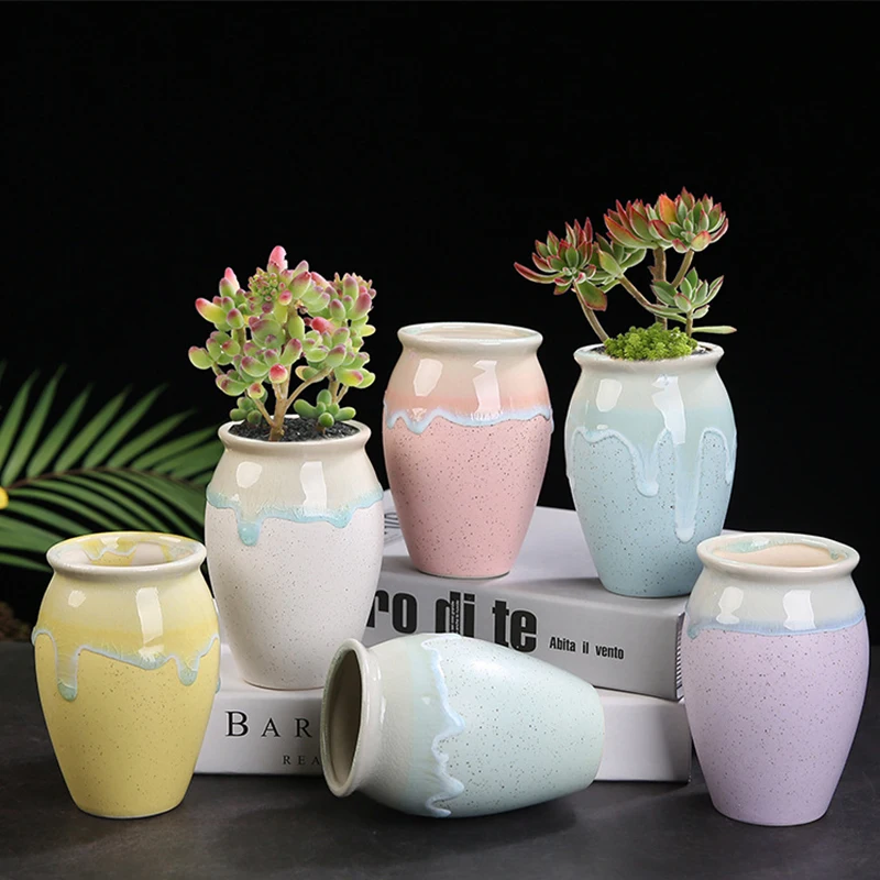 

Korean Ins Flow Glaze Macaron Ceramic Flower Pot Simple Succulent Green Plant Tall Basin Home Balcony Gardening