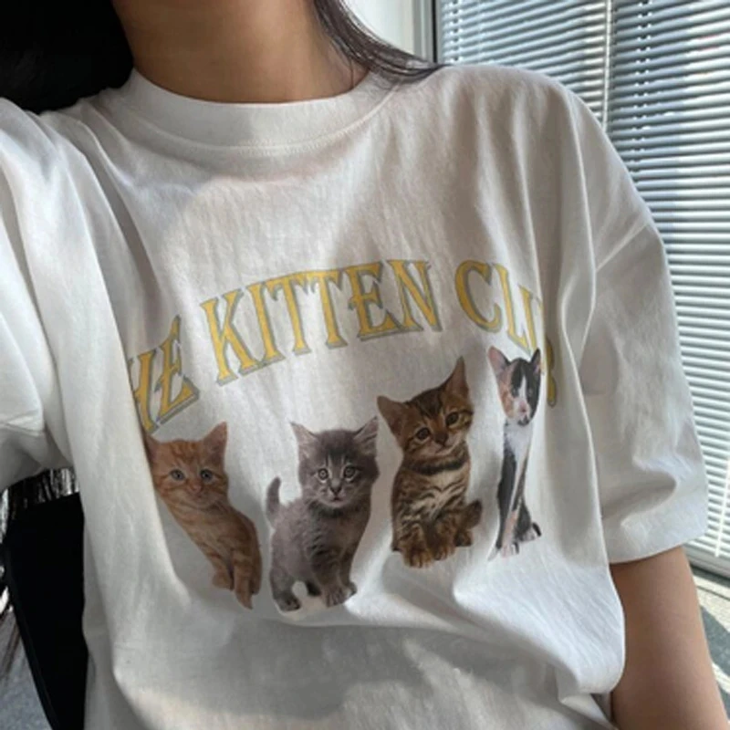 Kawaii The Kitten Club Damska Koszulka Streetwear Biała Bawełniana Krótki Rękaw Graficzny Nadruk Urocze Grunge'owe Topy