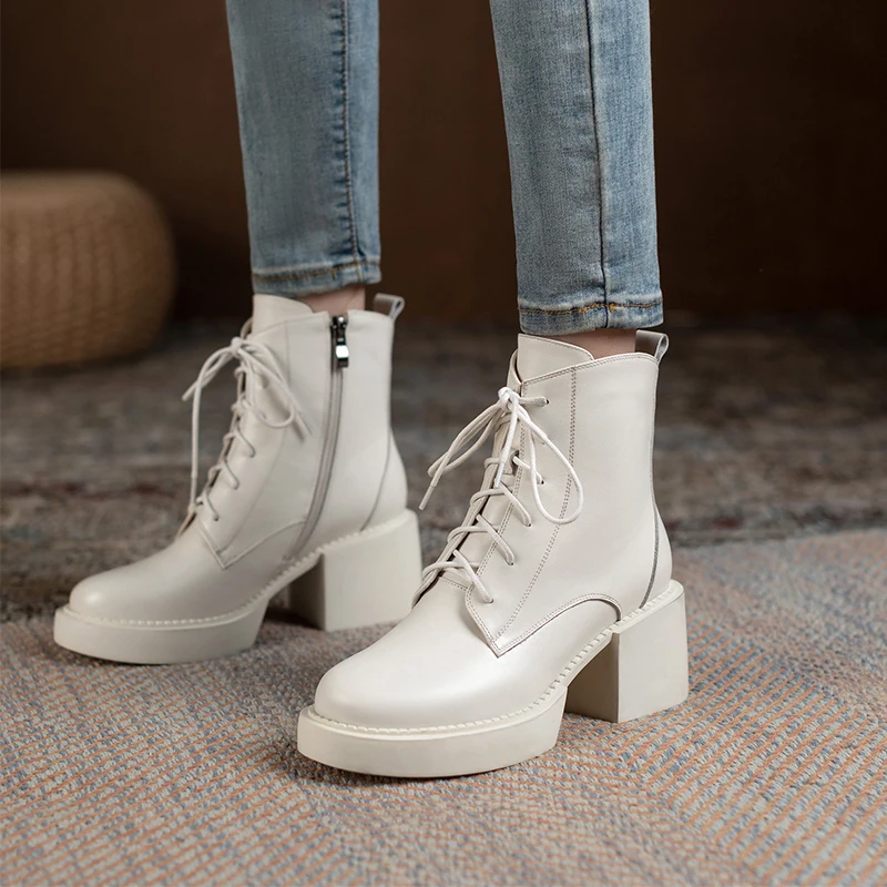 Retro Lace-up Mature Female Concise Women Ankle Boots Genuine Leather Thick Heels Autumn Winter Side Zipper Office Shoes Woman