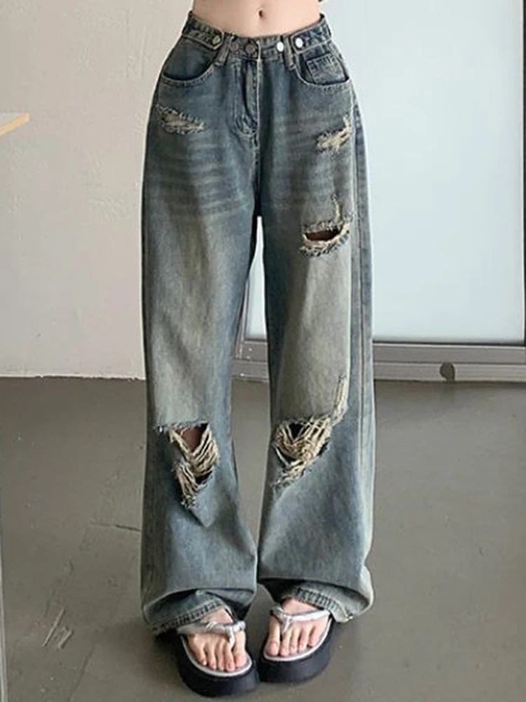 2024 Woman High Waist Denim Straight Leg Ripped Trousers Female High Street Designer Pants Girls Blue Wide Leg Jeans Large Size