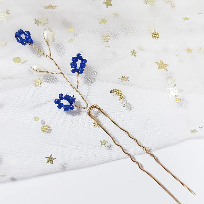 Blue Color Crystal Leaf Bridal Hair Pins for Women Handmade Wedding Hair Accessories Jewelry Gold Bride Tiaras Ornament