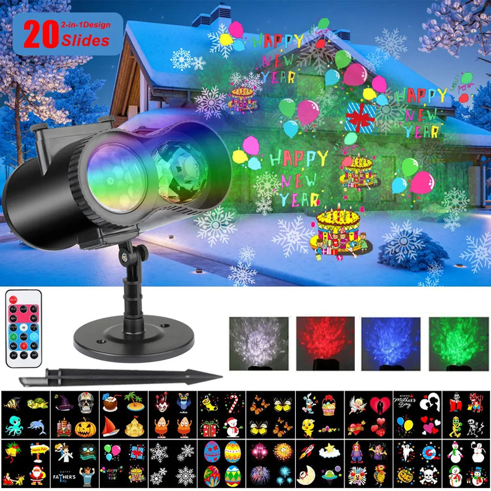 

Светодиодный проектор с 20 узорами и 6-отверстной линзой, меняющий цвет, водонепроницаемый, для улицы и дома, праздничное освещение для Рождества и Хэллоуина