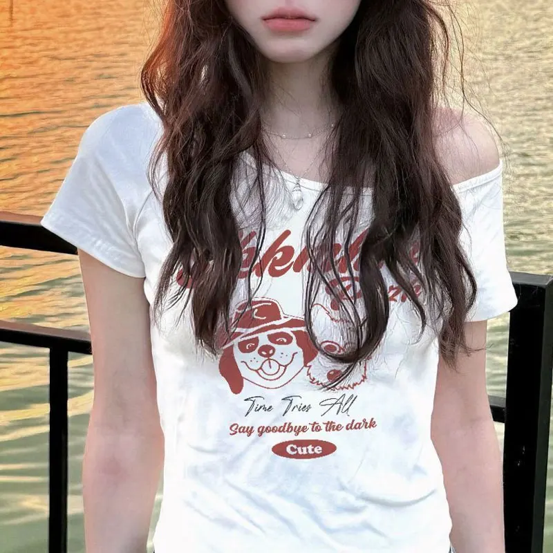 

American Hotsweet Skew Collar Letter T-shirts Summer Short Sleeve Female Clothing Slim Fashion Off Shoulder Printed Pullovers