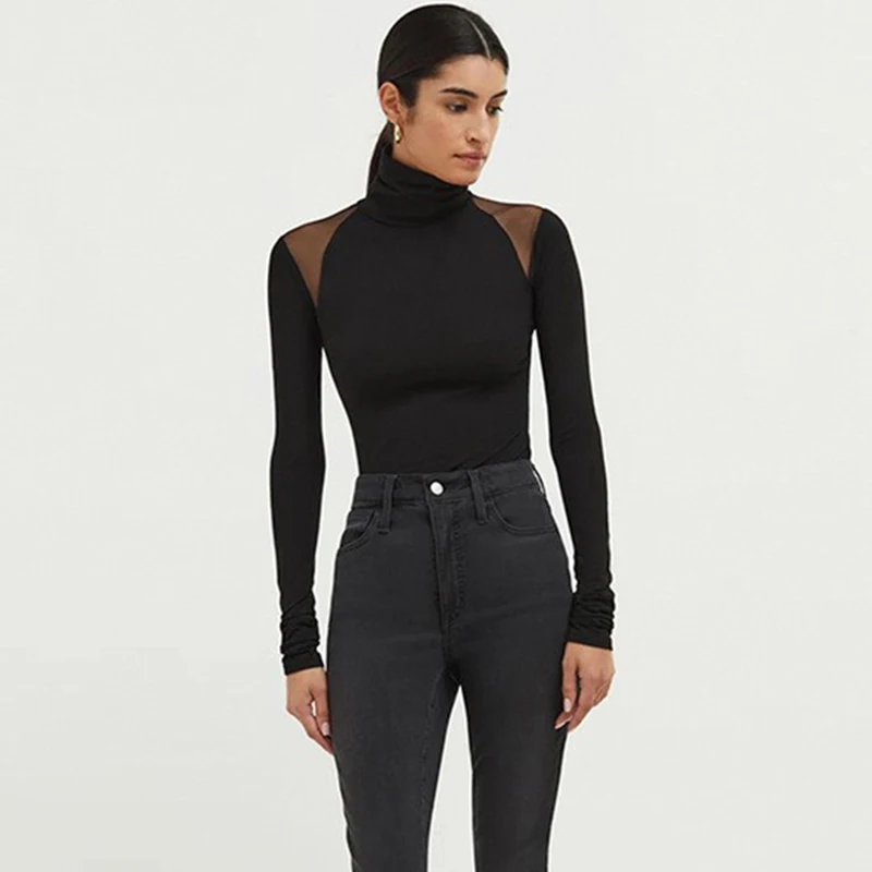 

Typhaland Turtleneck Mesh Splice Bodysuits Woman Slim Fit Long Sleeve Black Top Streetwear 2026 Summer New Office Lady Clothes