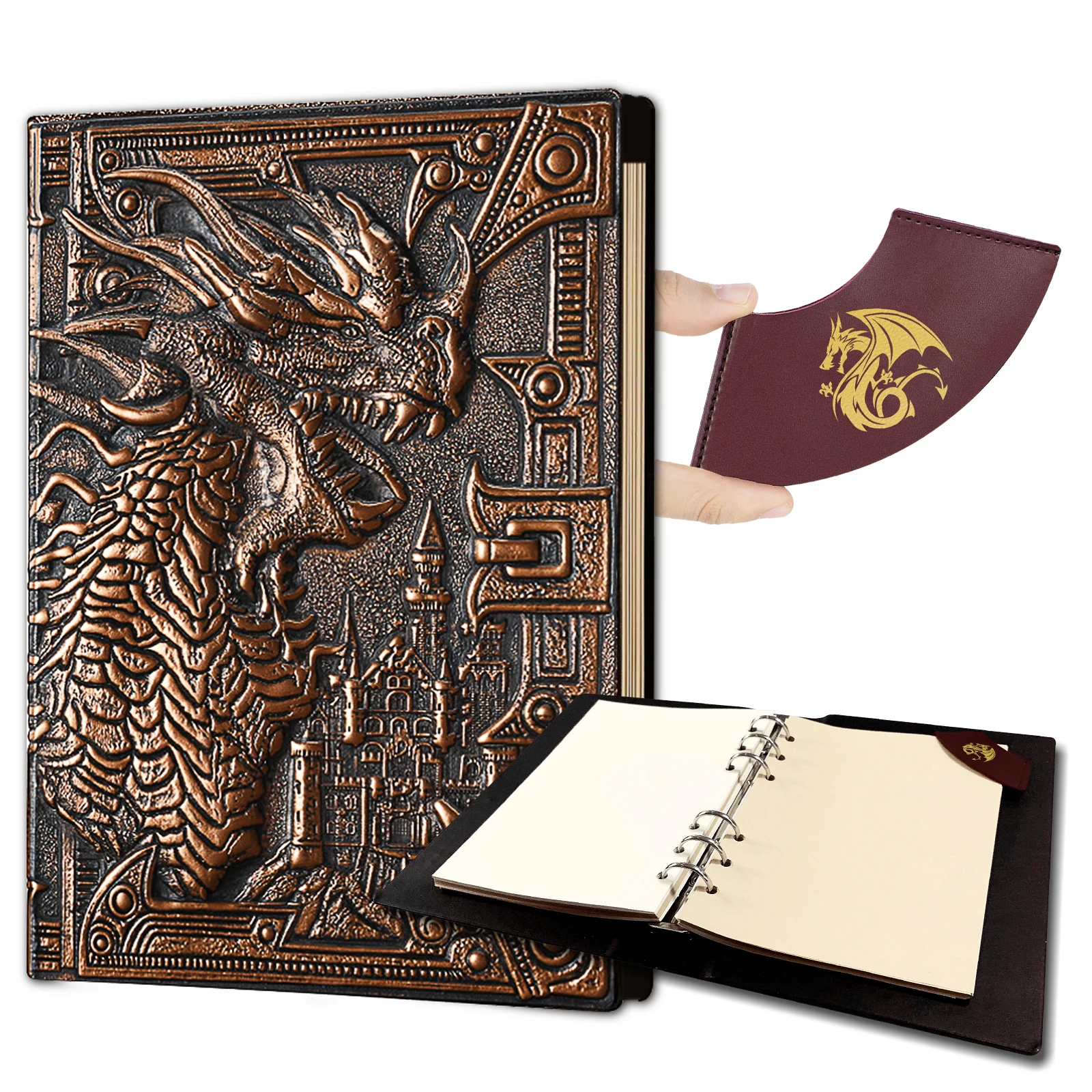 DND Journal 400 Page Book with 3D Dragons Leather Refillable 6-rings binder and Bookmark for dungeons and dragons D&D Notebook