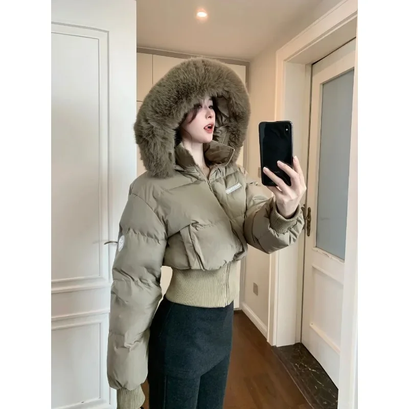 Feminino outono e inverno 2024 nova versão coreana spice girl gola de pele com capuz quente acolchoado jaqueta feminina resistência ao frio